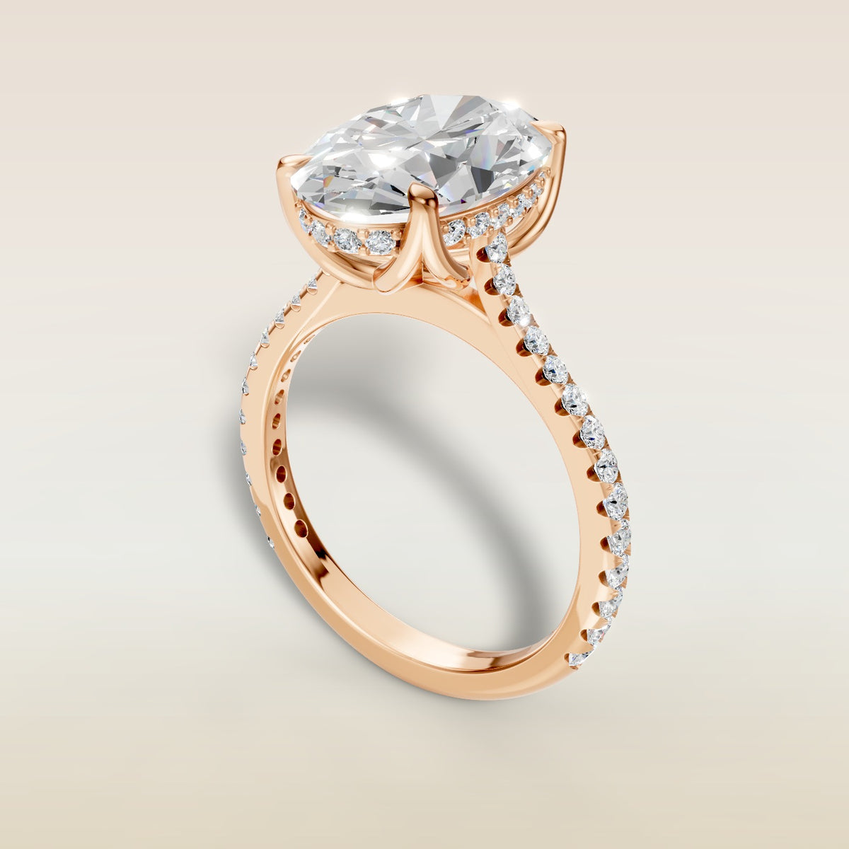 Oval Tulip Hidden Halo Pave engagement ring in rose gold, angled view