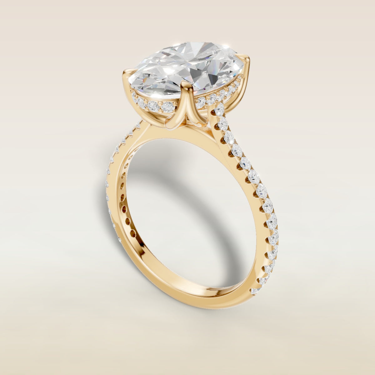 Oval Tulip Hidden Halo Pave engagement ring in yellow gold