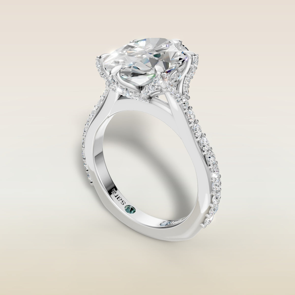 Oval Tulip Diamond Signature engagement ring in white gold, angled view