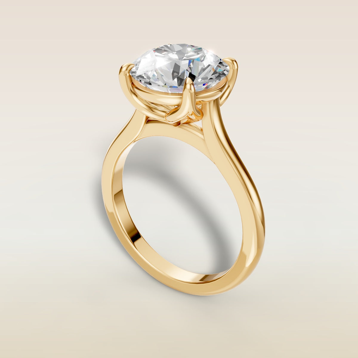 Round Tulip Classic engagement ring in yellow gold, angled view