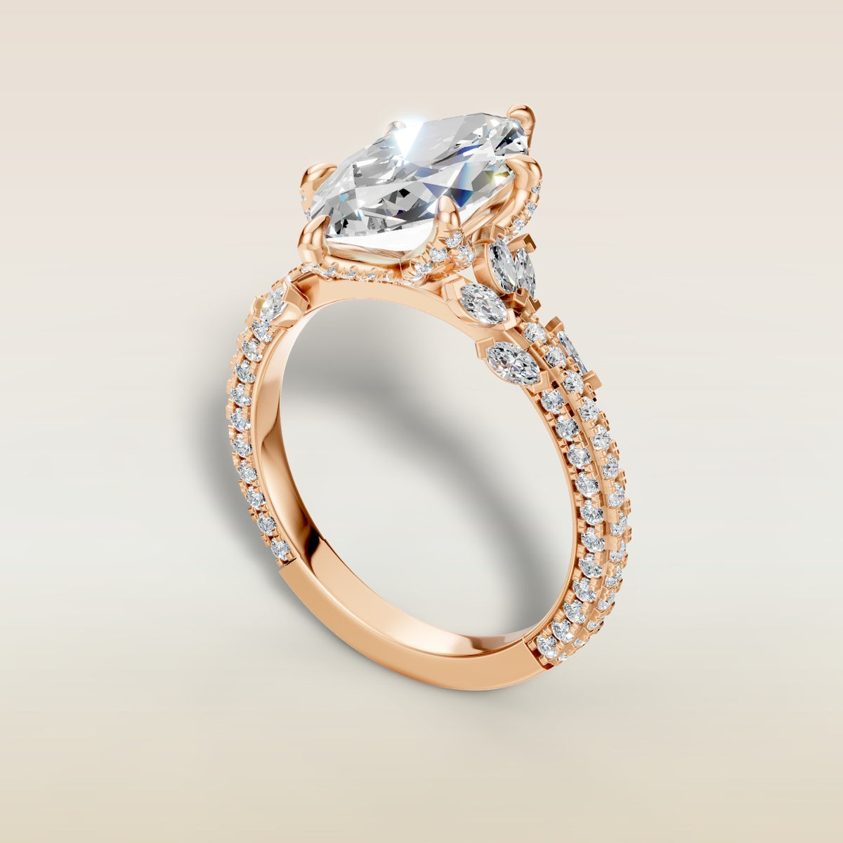 Marquise Tulip Side Stones Pave engagement ring in rose gold, angled view