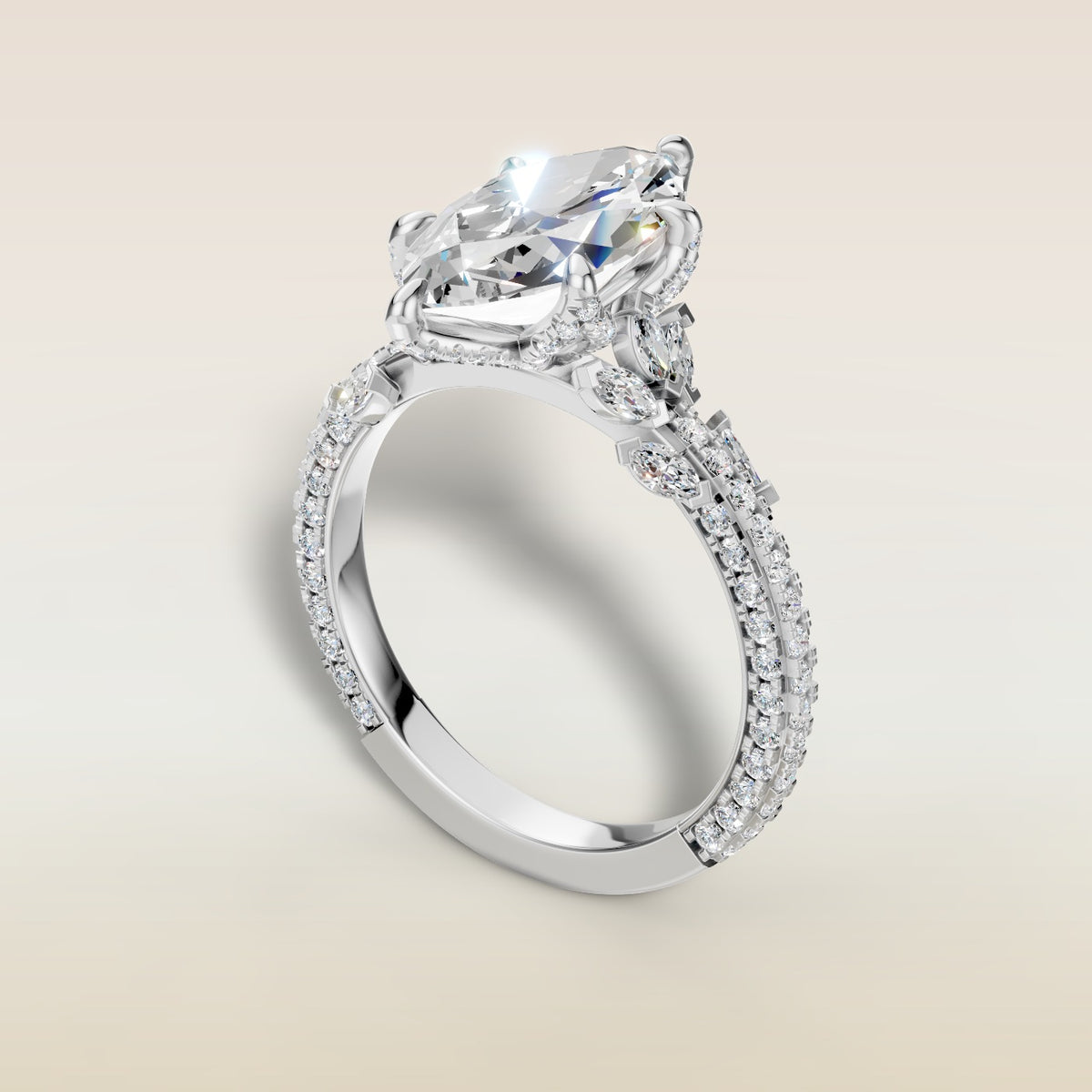 Marquise Tulip Side Stones Pave engagement ring in white gold, angled view