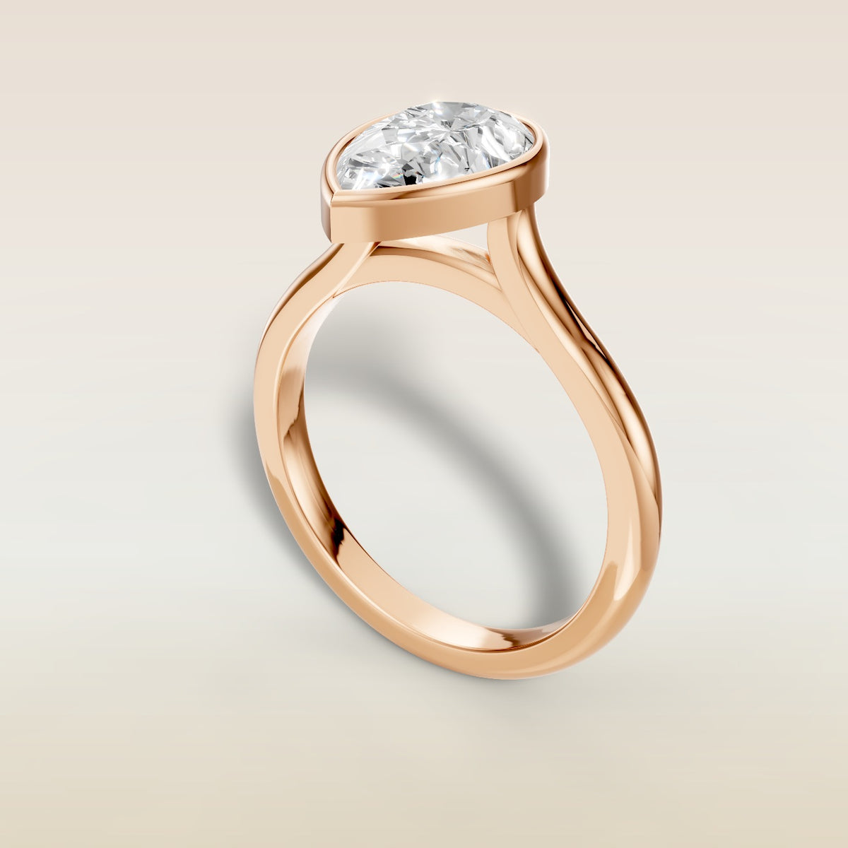 Pear Full Bezel Cathedral engagement ring in rose gold, angled view