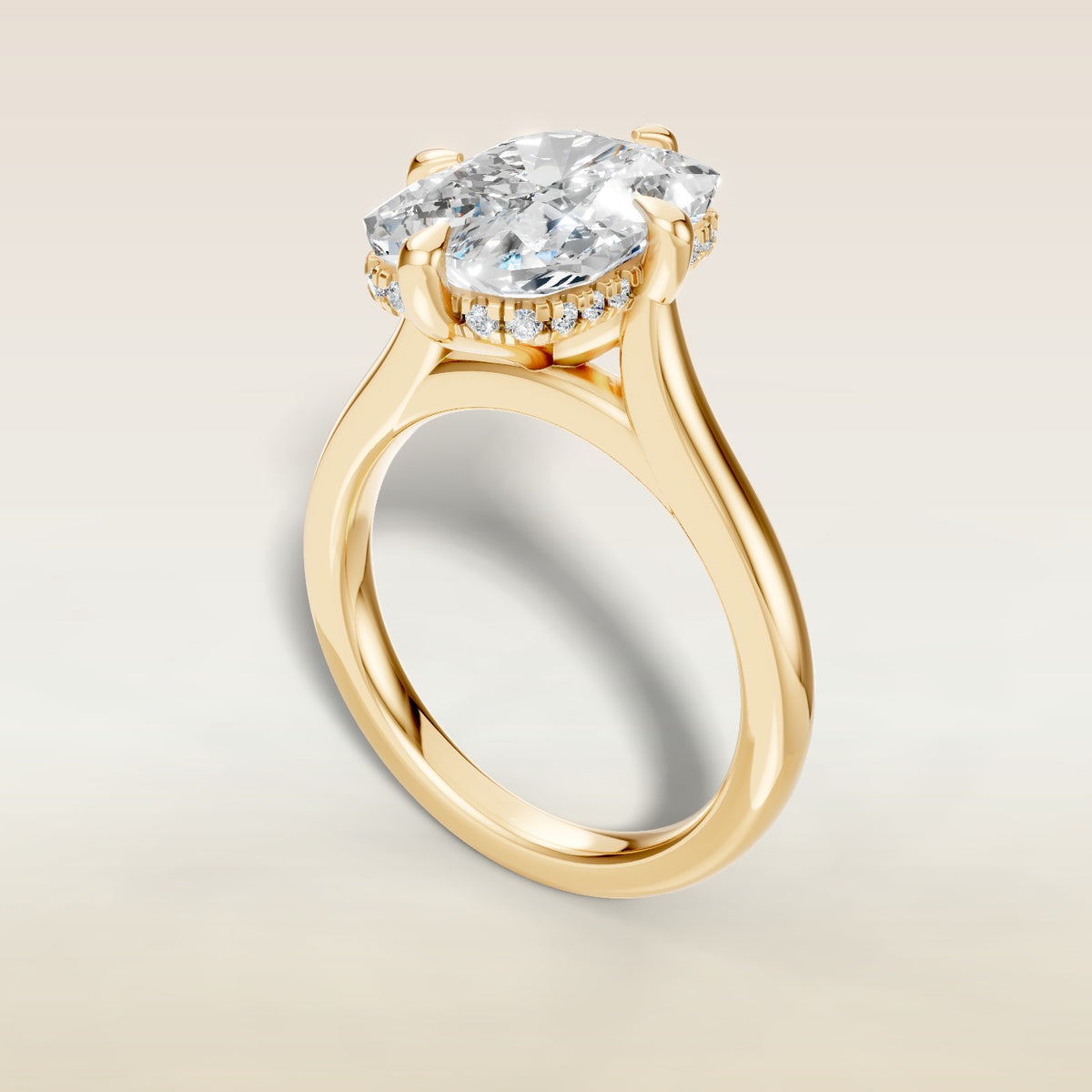 Cushion Compass Set Hidden Halo engagement ring in yellow gold, angled view