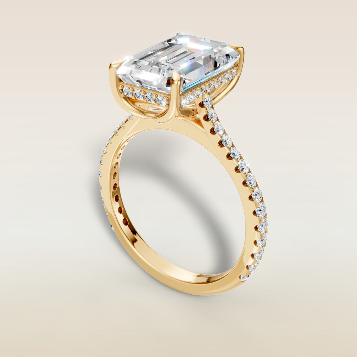 Emerald Tulip Hidden Halo Pave engagement ring in yellow gold, angled view