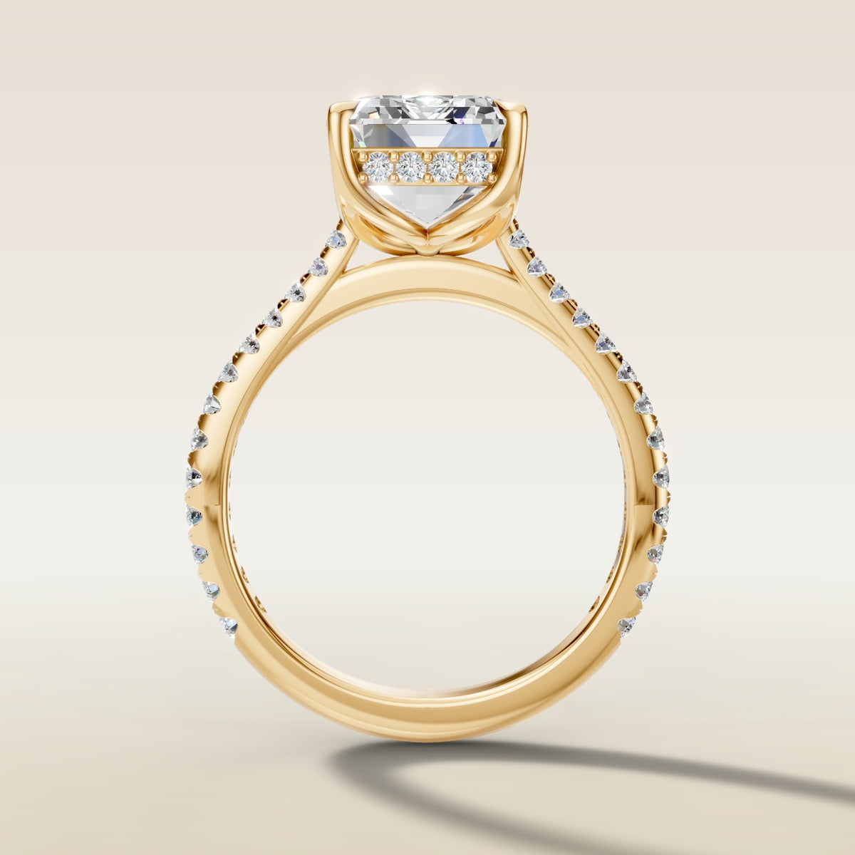 Emerald Tulip Hidden Halo Pave engagement ring in yellow gold, front view