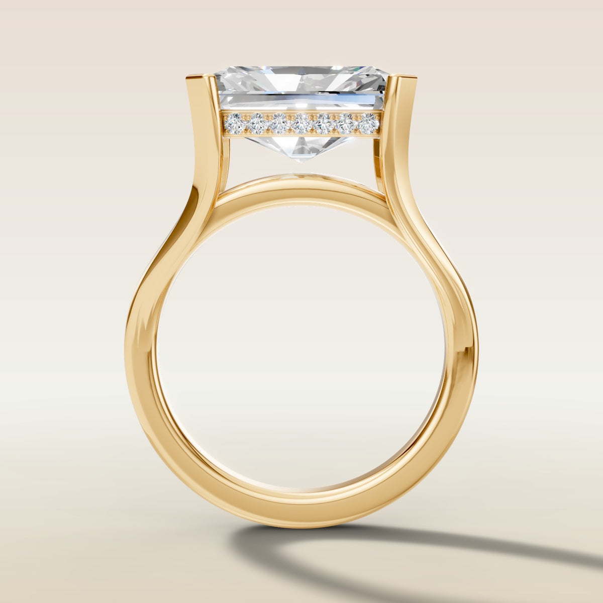 Radiant Half Bezel with Hidden Halo engagement ring in yellow gold, front view