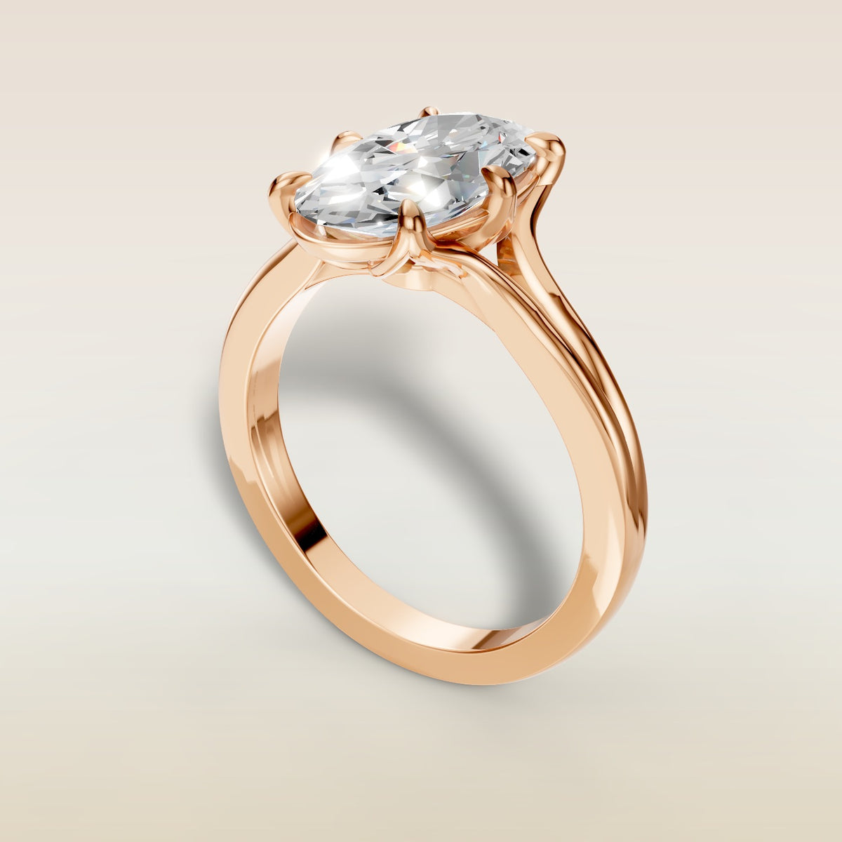 Moval Tulip Low Profile Split Shank engagement ring in rose gold, angled view