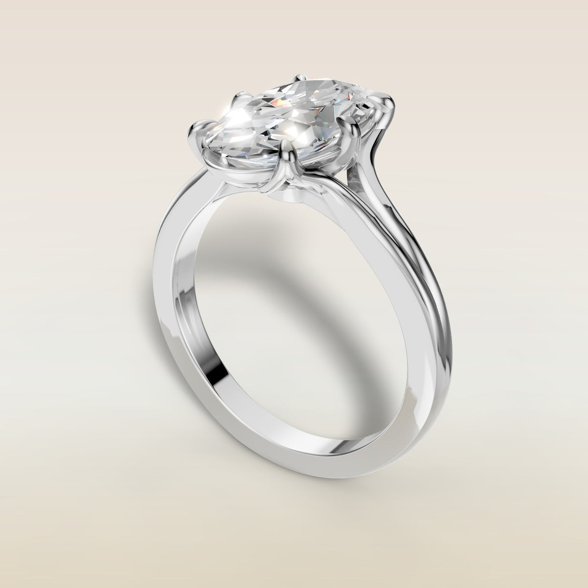 Moval Tulip Low Profile Split Shank engagement ring in white gold, angled view