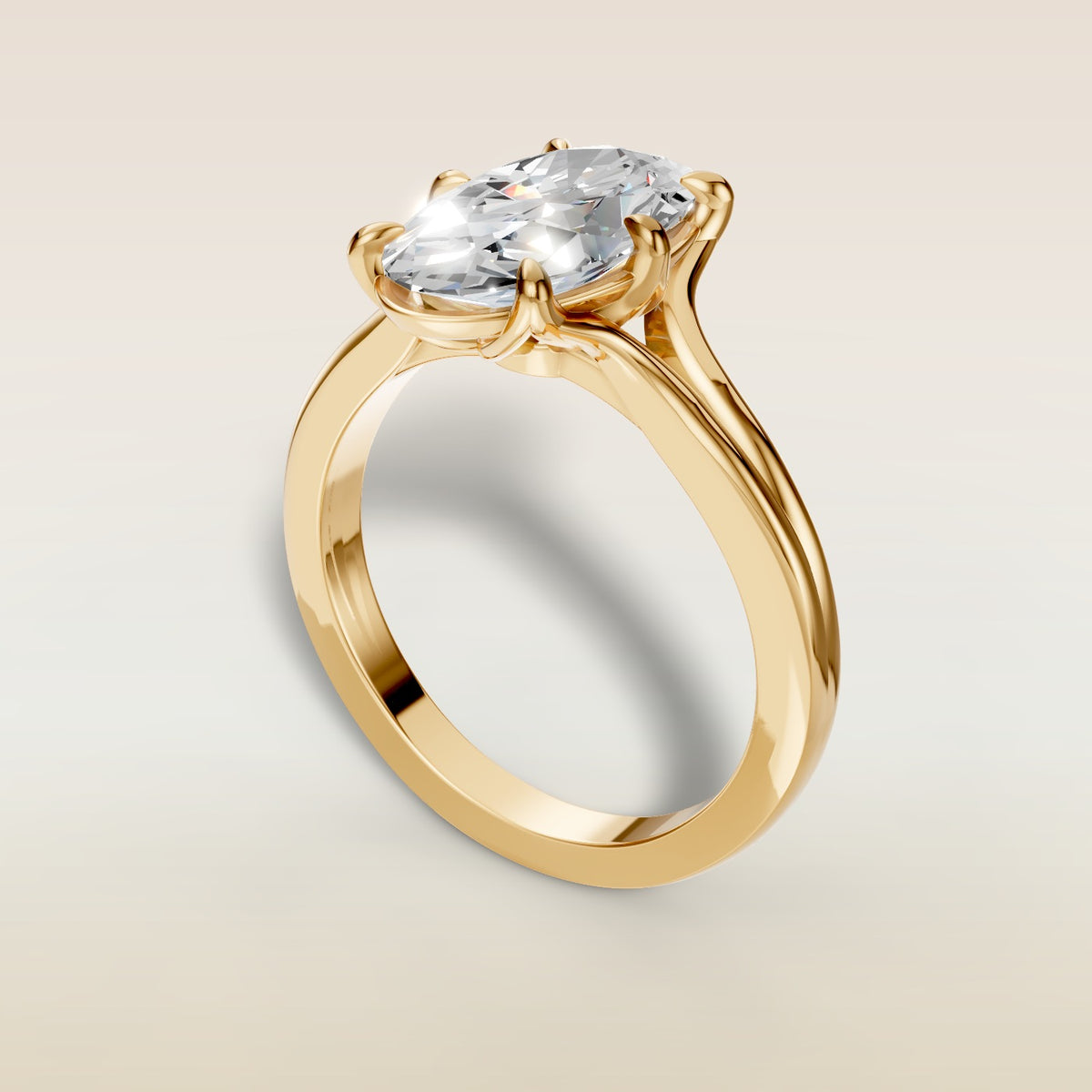 Moval Tulip Low Profile Split Shank engagement ring in yellow gold, back angle