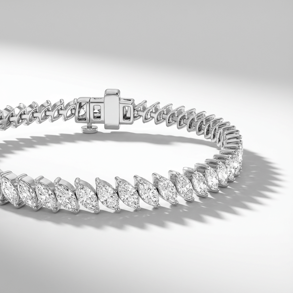 Lab grown diamond tennis bracelet with marquise cut diamonds in white gold