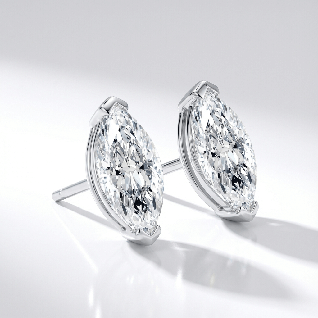 Lab grown diamond stud earrings with marquise cut diamonds in white gold