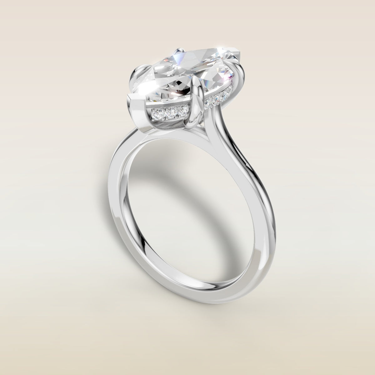 Marquise Hidden Halo Cathedral engagement ring in white gold, angled view