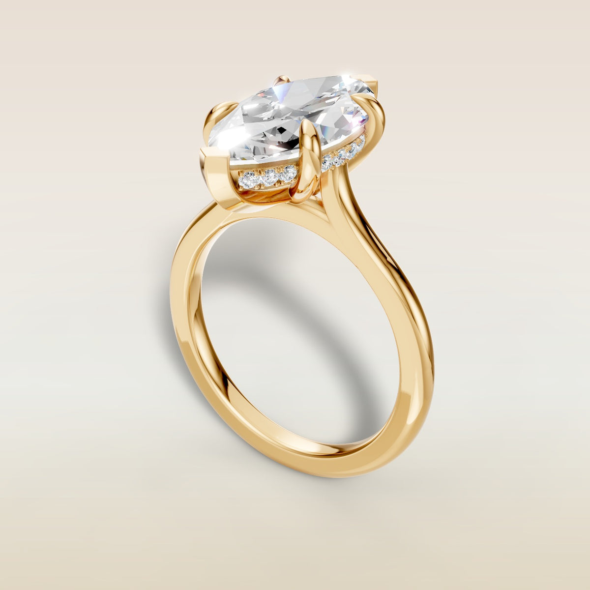 Marquise Hidden Halo Cathedral engagement ring in yellow gold, angled view