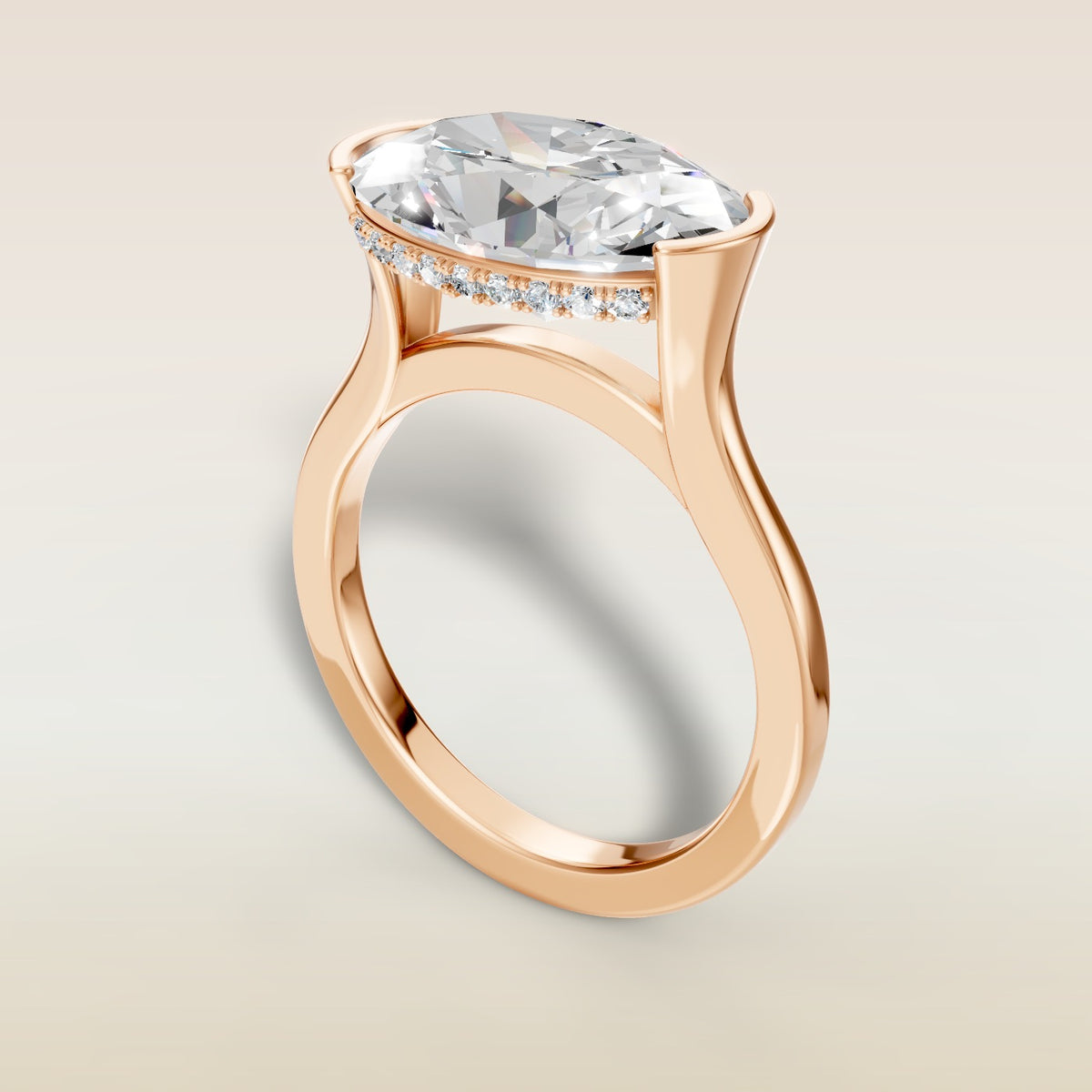 Oval Half Bezel with Hidden Halo engagement ring in rose gold, angled view