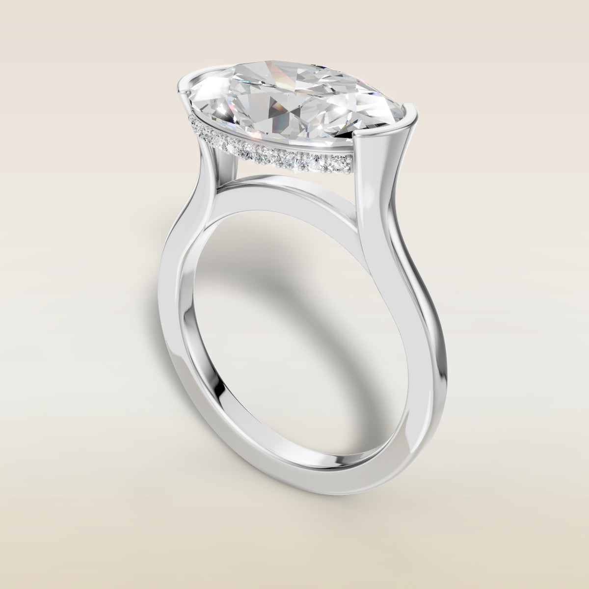 Oval Half Bezel with Hidden Halo engagement ring in white gold, angled view