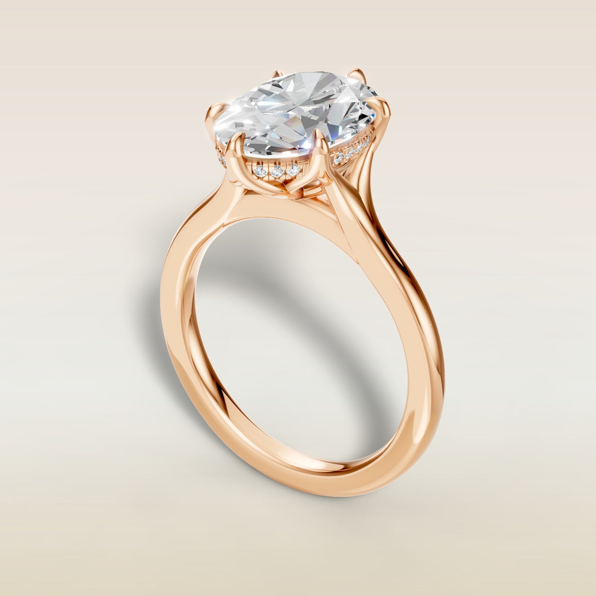 Oval Six Petal Tulip Hidden Halo Split Shank engagement ring in rose gold, angled view
