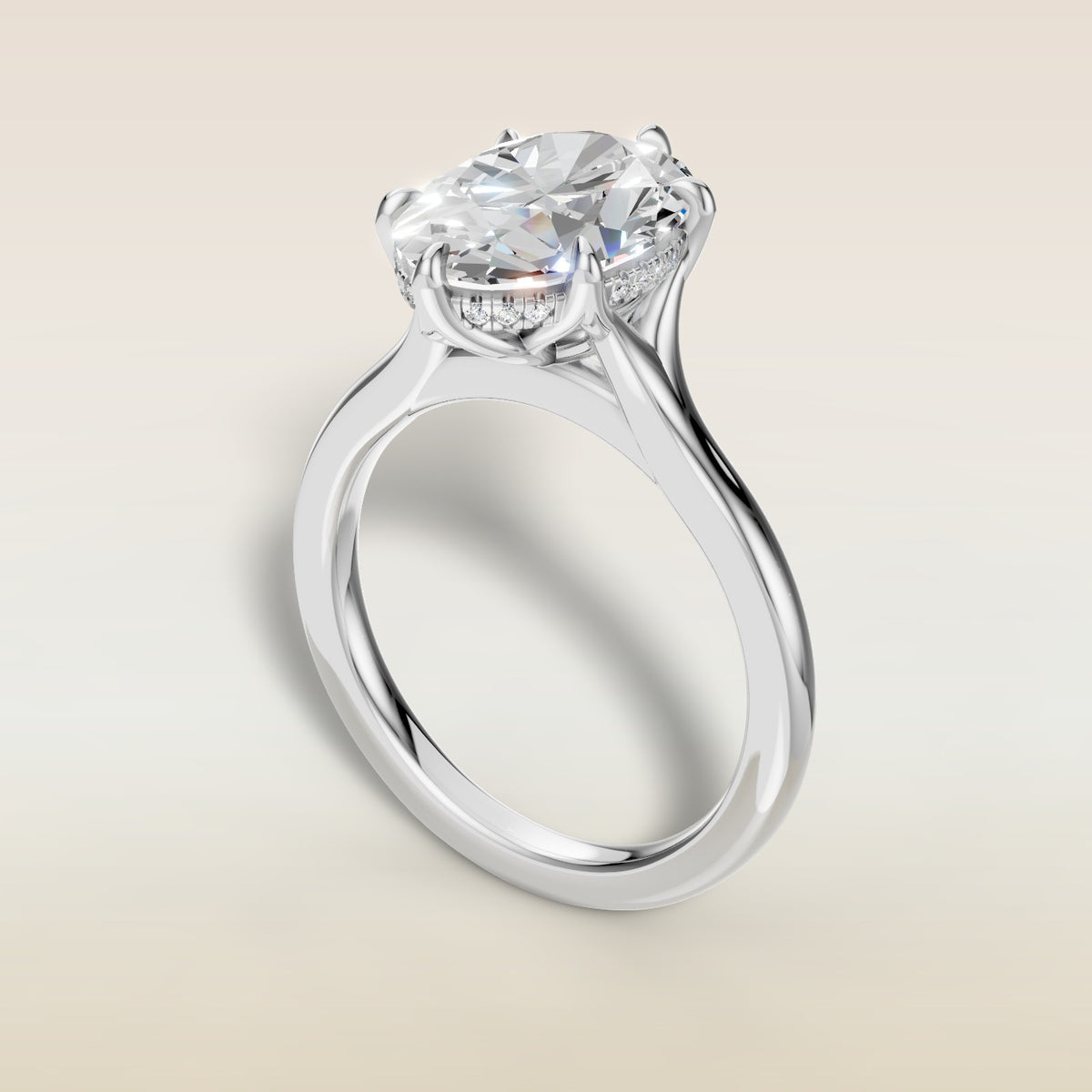 Oval Six Petal Tulip Hidden Halo Split Shank engagement ring in white gold, angled view