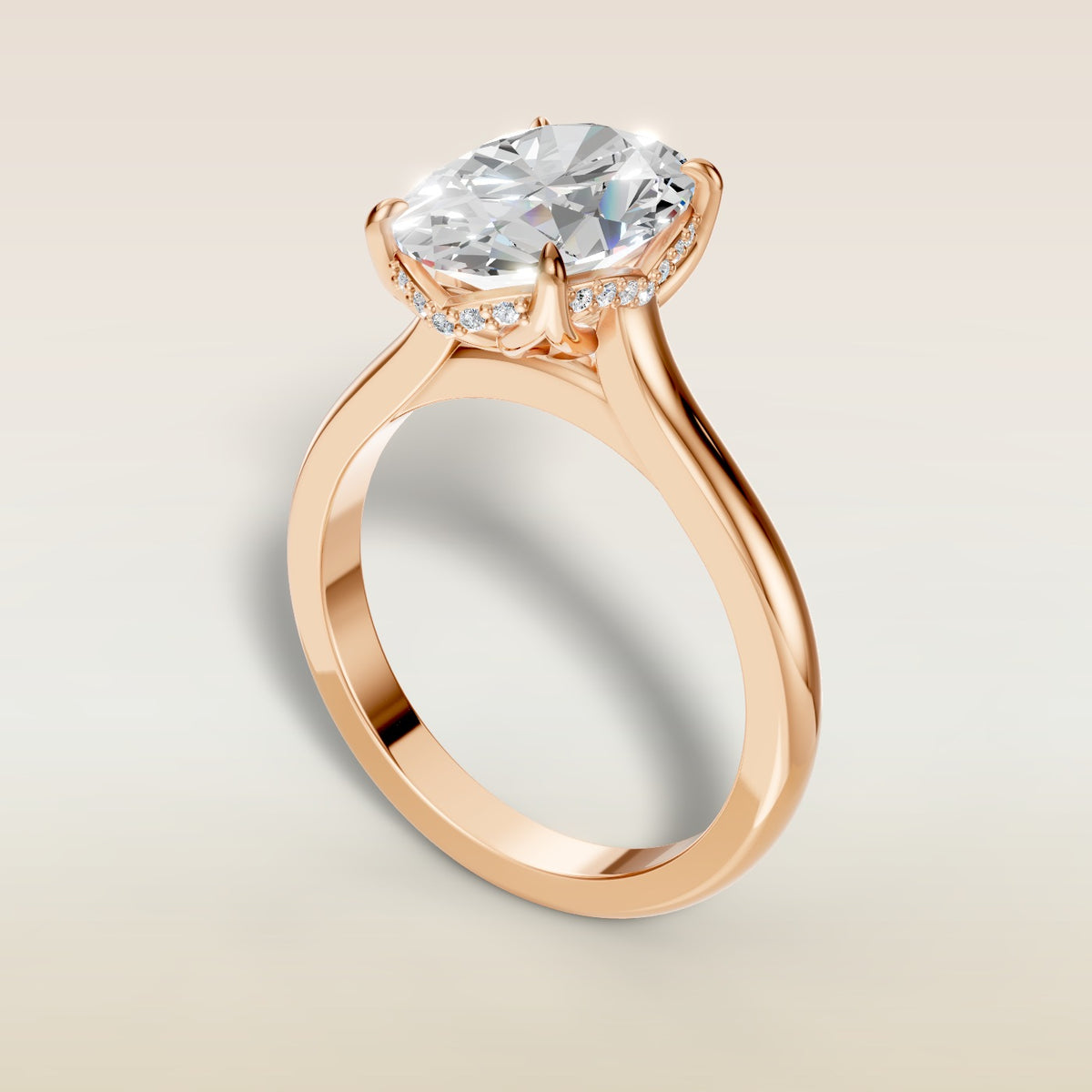 Oval Four Petal Tulip Curved Hidden Halo engagement ring in rose gold, angled view