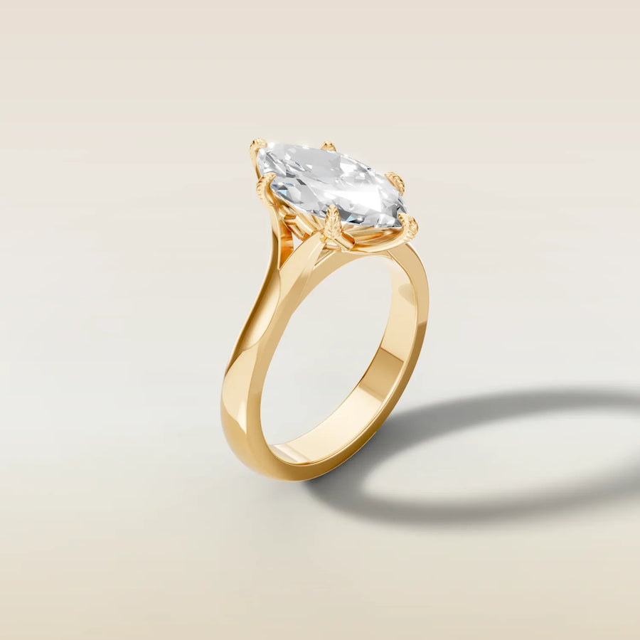 Marquise Tulip Leaf Prong Split engagement ring in yellow gold, angled side view