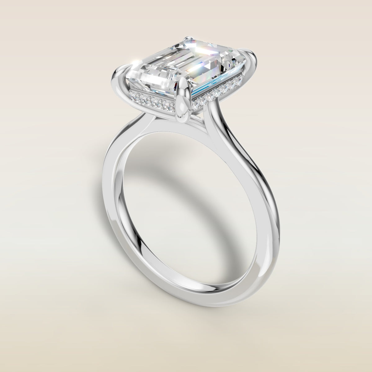 Emerald Hidden Halo Cathedral engagement ring in white gold, angled view