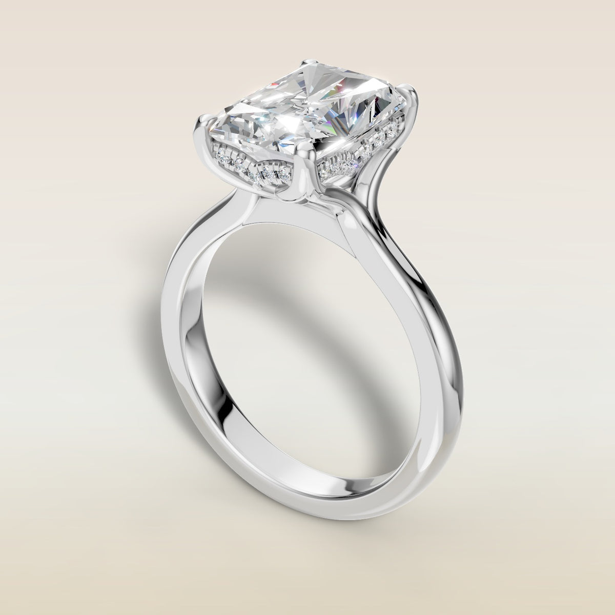 Radiant Tulip Curved Hidden Halo Split Shank engagement ring in white gold, angled view