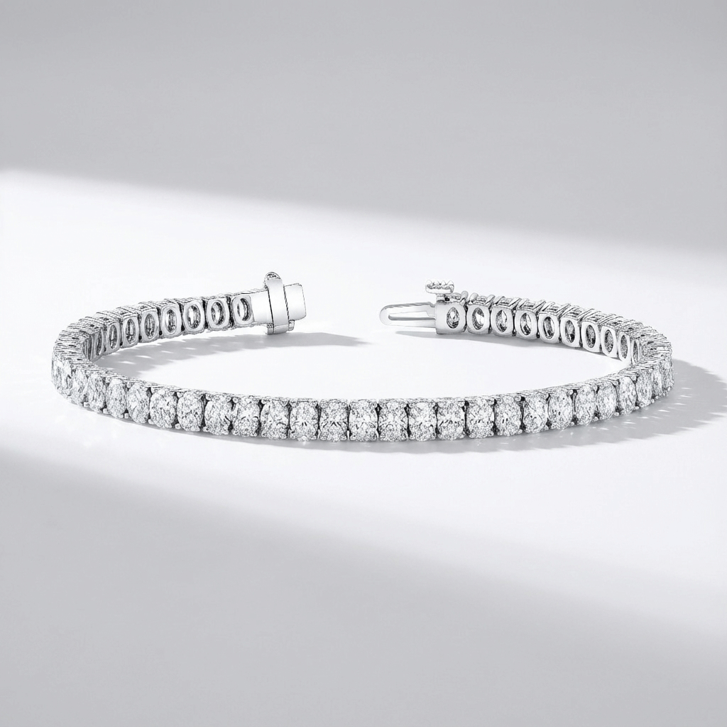 Lab grown diamond tennis bracelet with oval diamonds in white gold