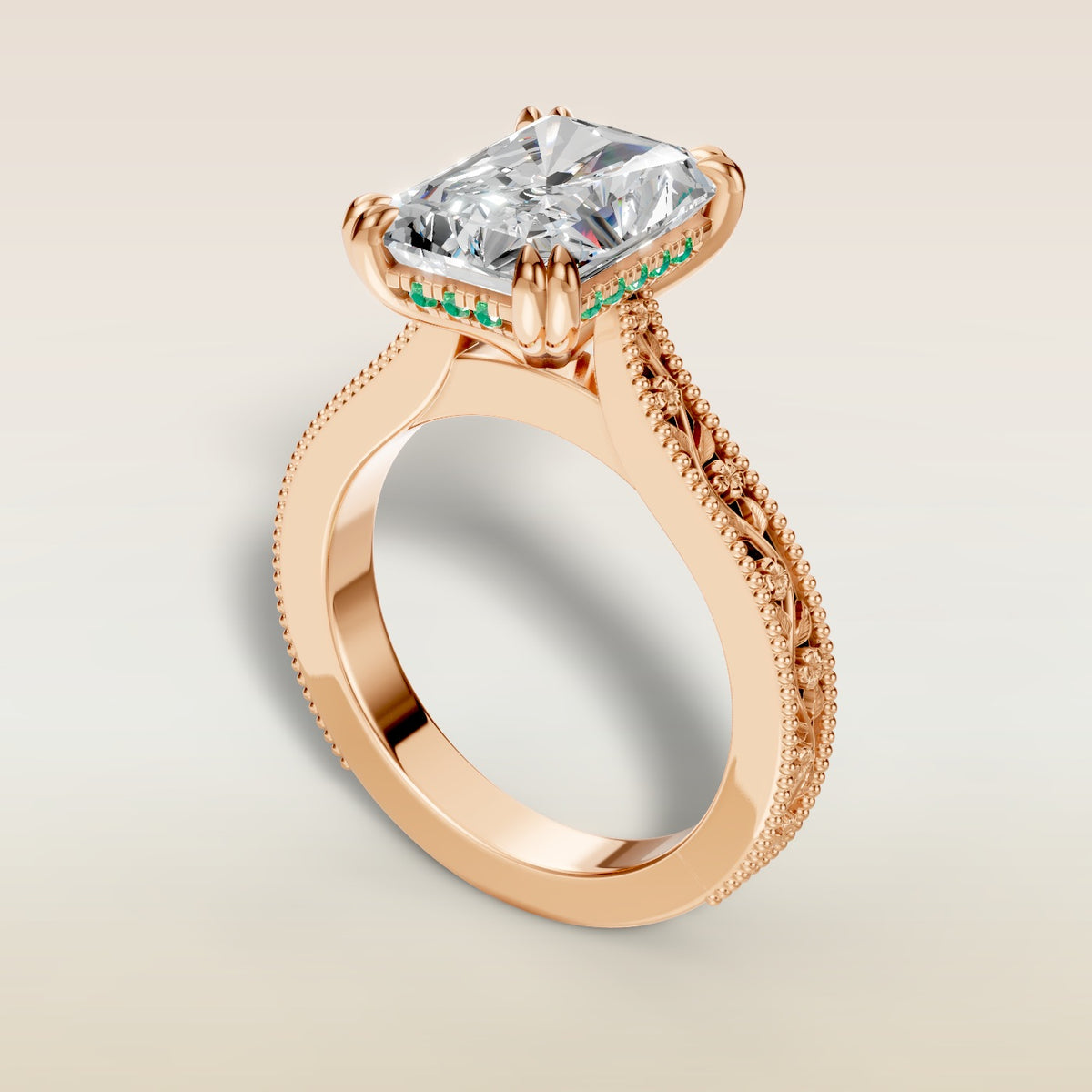 Radiant Hidden Halo Floral Engraved engagement ring in rose gold, angled view