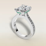 Radiant Hidden Halo Floral Engraved engagement ring in white gold, angled view
