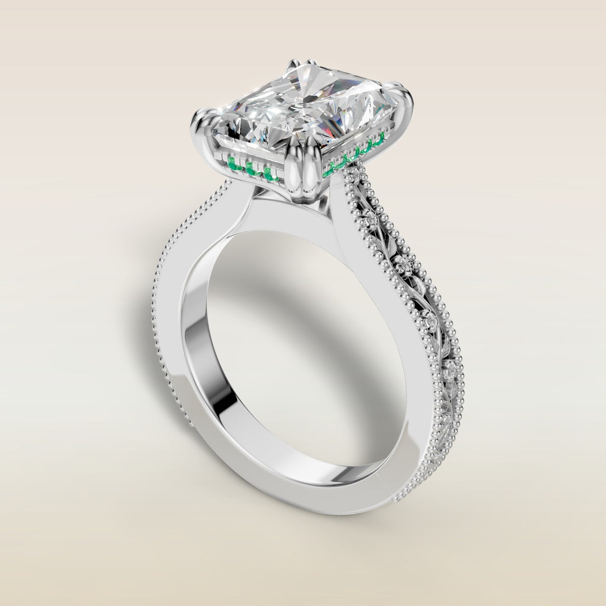 Radiant Hidden Halo Floral Engraved engagement ring in white gold, angled view