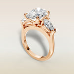 Oval Four Petal Tulip Three Stone engagement ring in rose gold, angled view