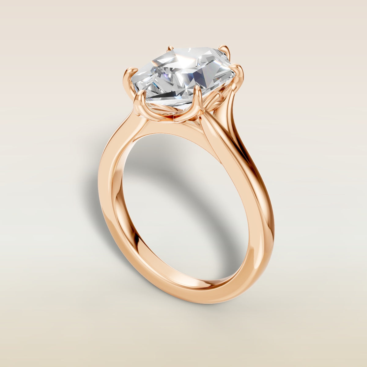 Hexagon Six Petal Tulip Split Shank engagement ring in rose gold, angled view
