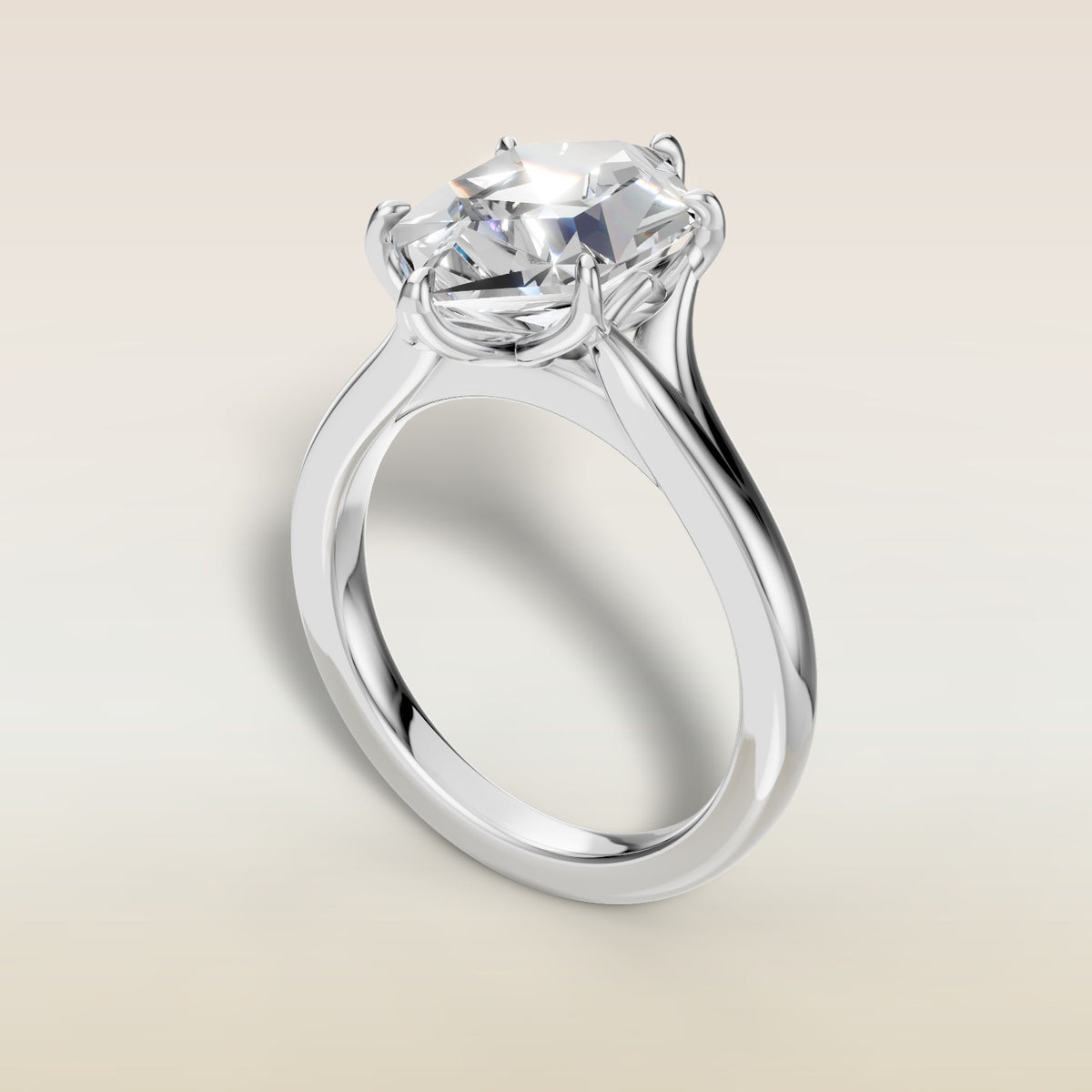 Hexagon Six Petal Tulip Split Shank engagement ring in white gold, angled view
