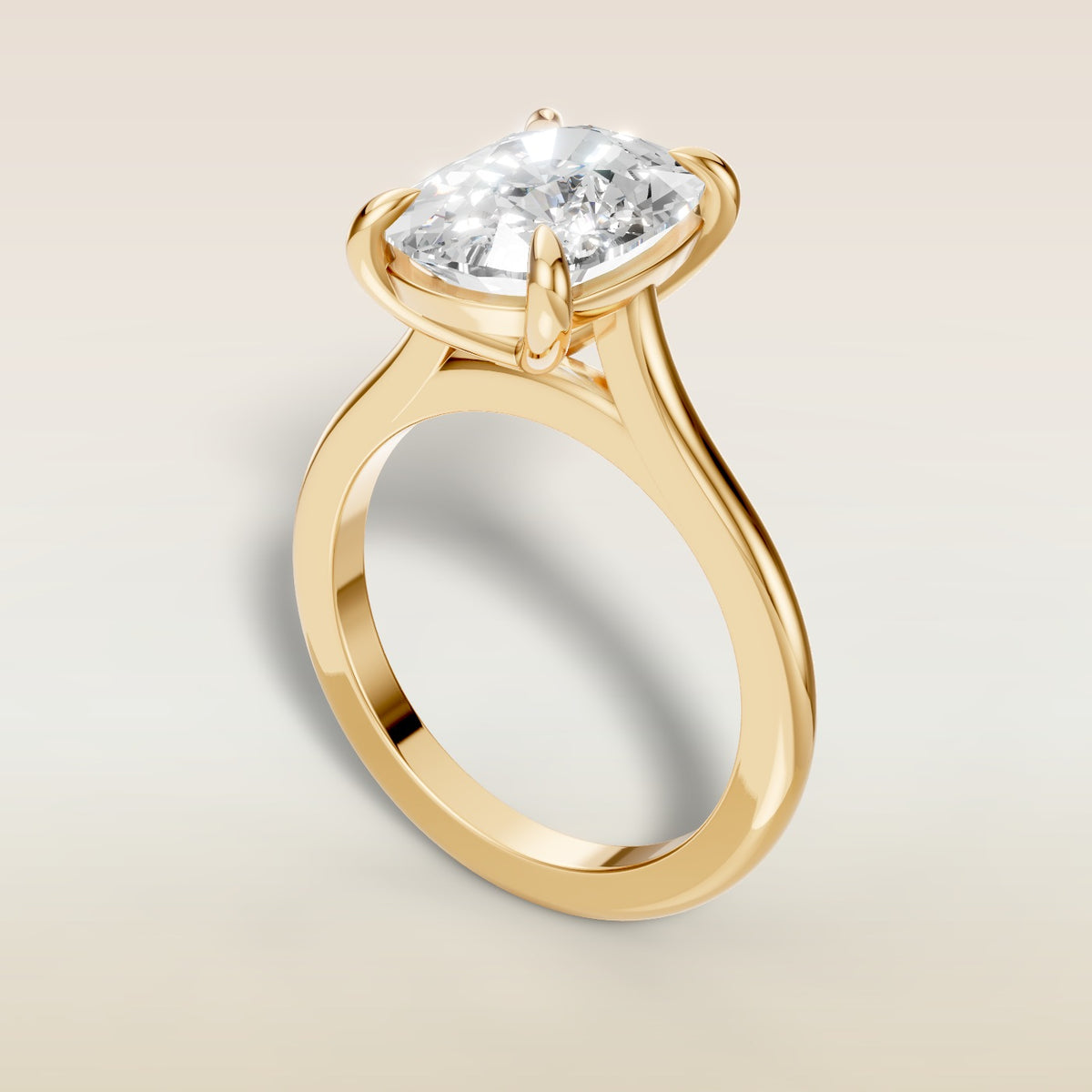 Cushion Classic Cathedral engagement ring in yellow gold, angled view