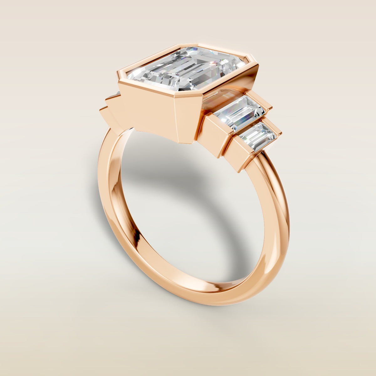 Emerald Five Stone Full Bezel engagement ring in rose gold, angled view