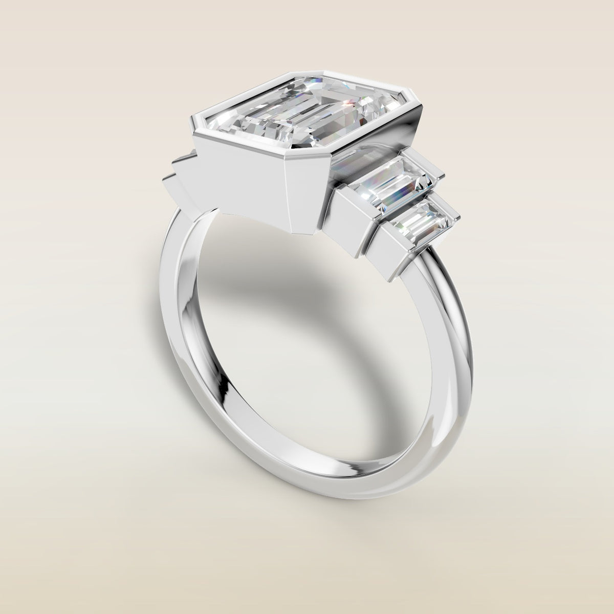 Emerald Five Stone Full Bezel engagement ring in white gold, angled view