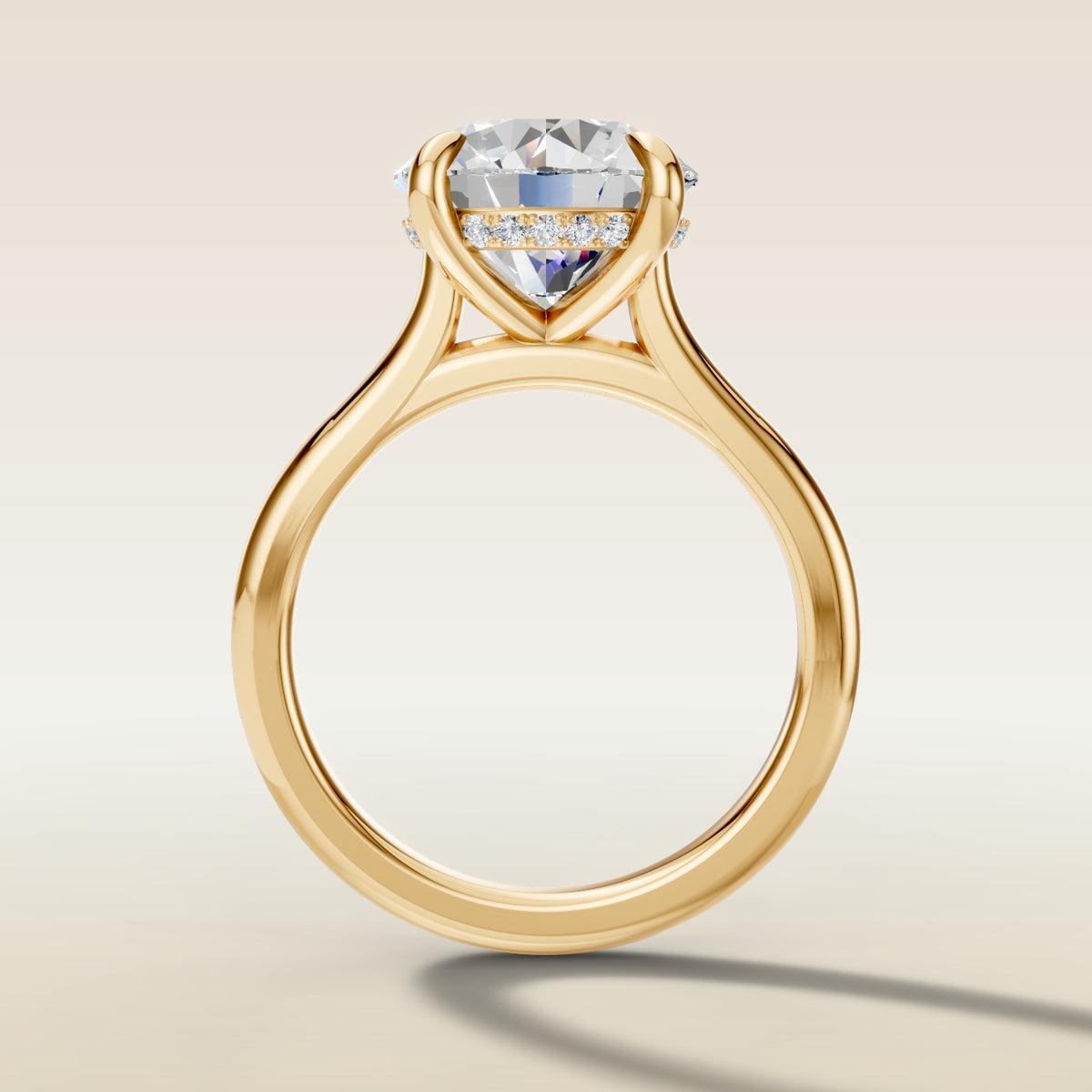 Round Hidden Halo Cathedral engagement ring in yellow gold, front view