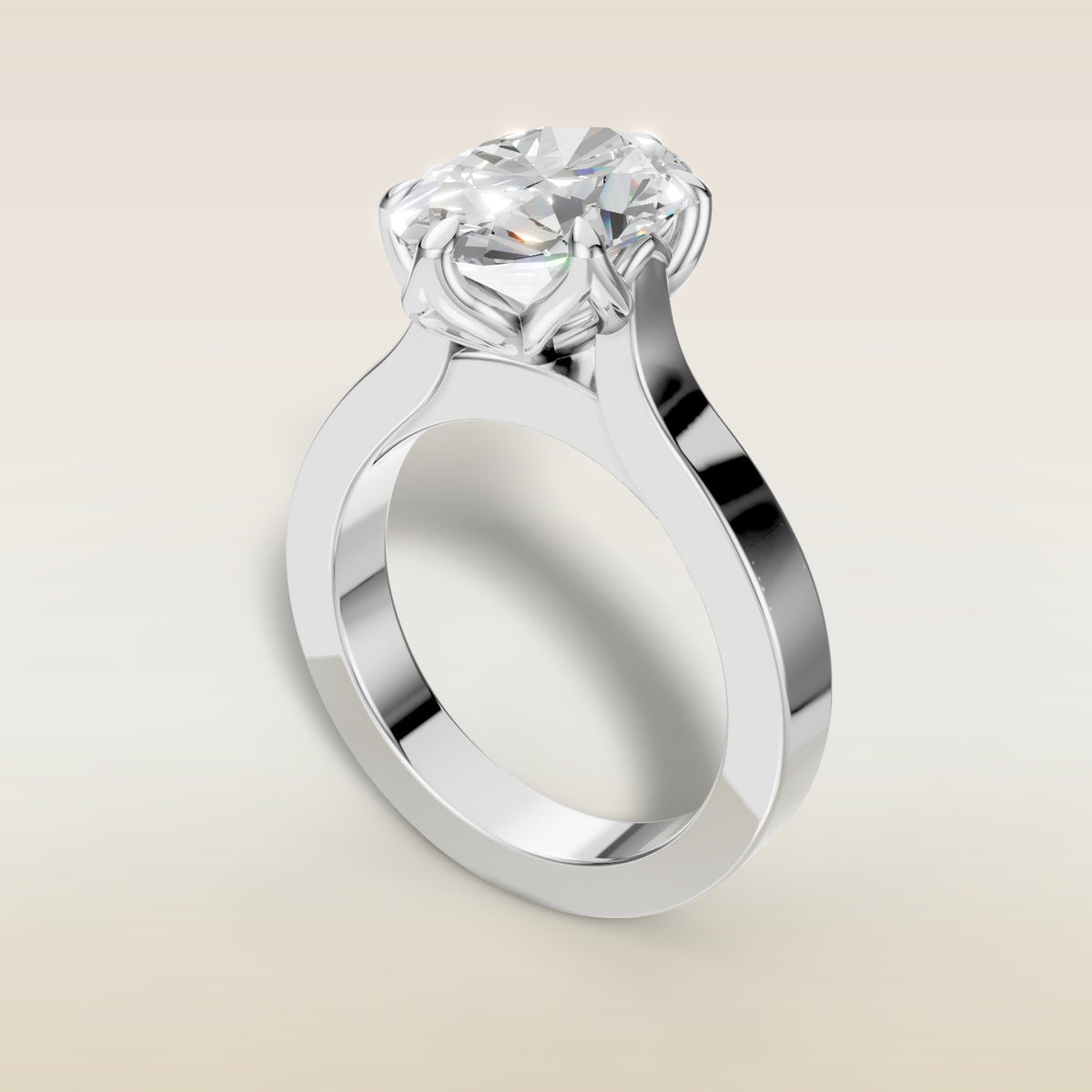 Oval Tulip Thick Band engagement ring in white gold, angled view
