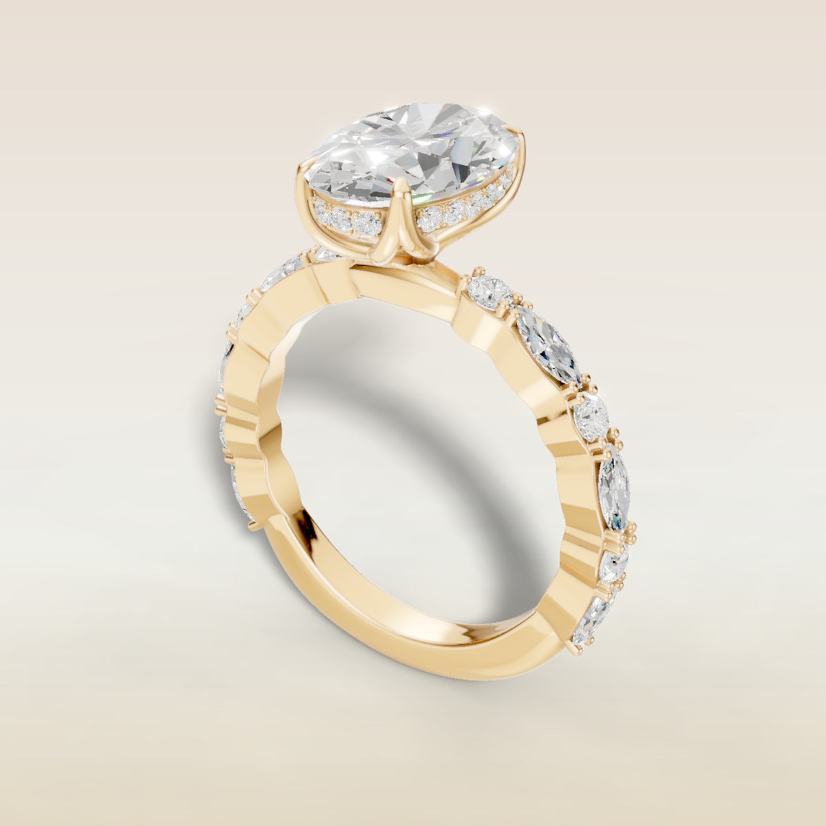 Oval Bubble Band Tulip Hidden Halo engagement ring in yellow gold, angled view
