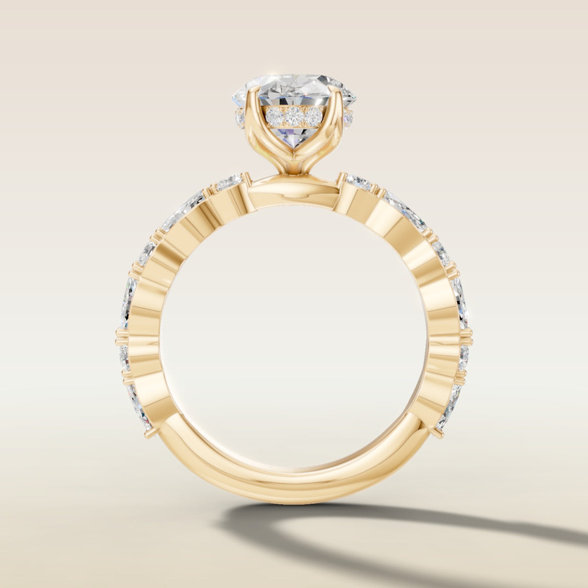 Oval Bubble Band Tulip Hidden Halo engagement ring in yellow gold, front view