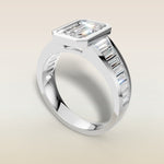 Emerald Full Bezel Low Profile engagement ring in white gold, angled view