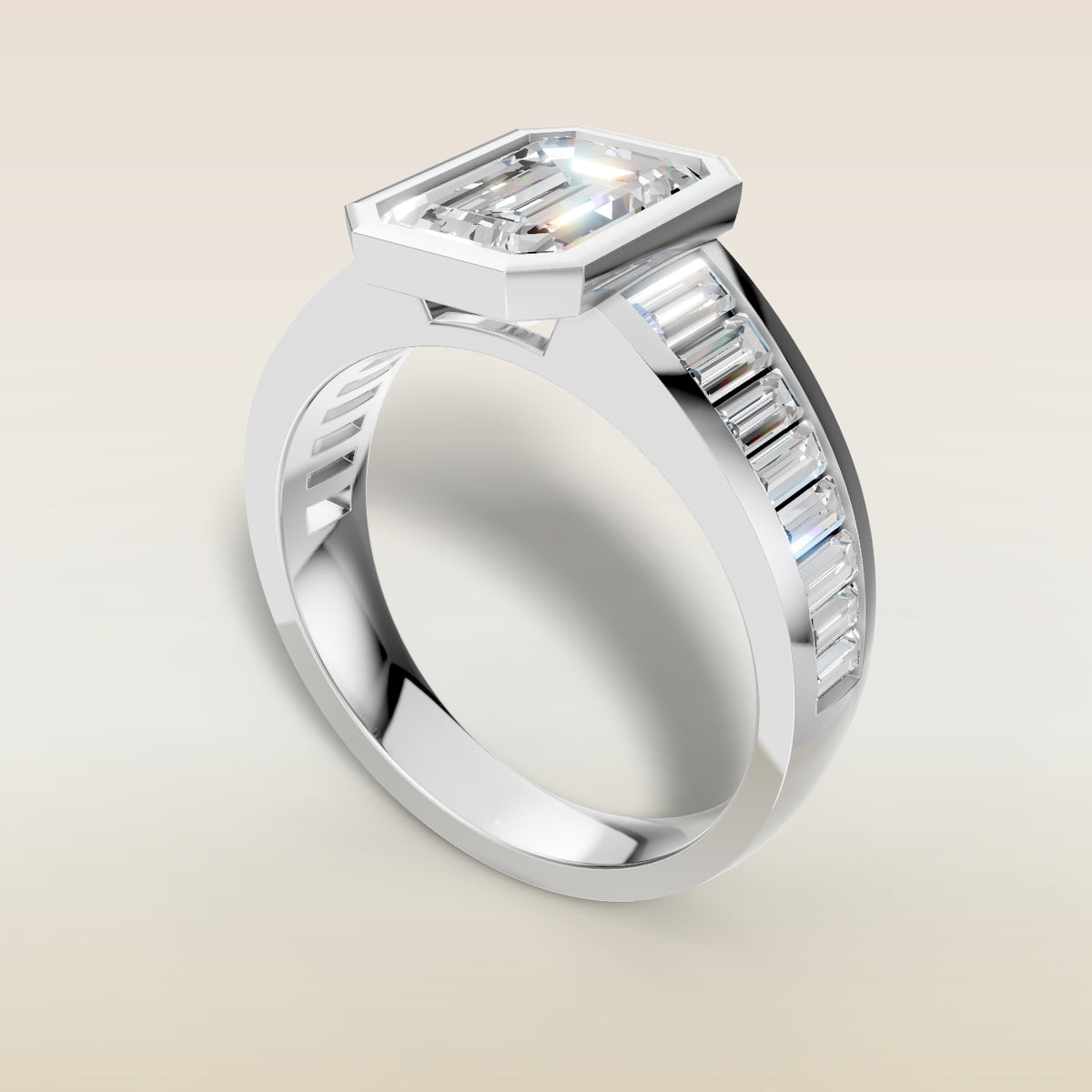 Emerald Full Bezel Low Profile engagement ring in white gold, angled view