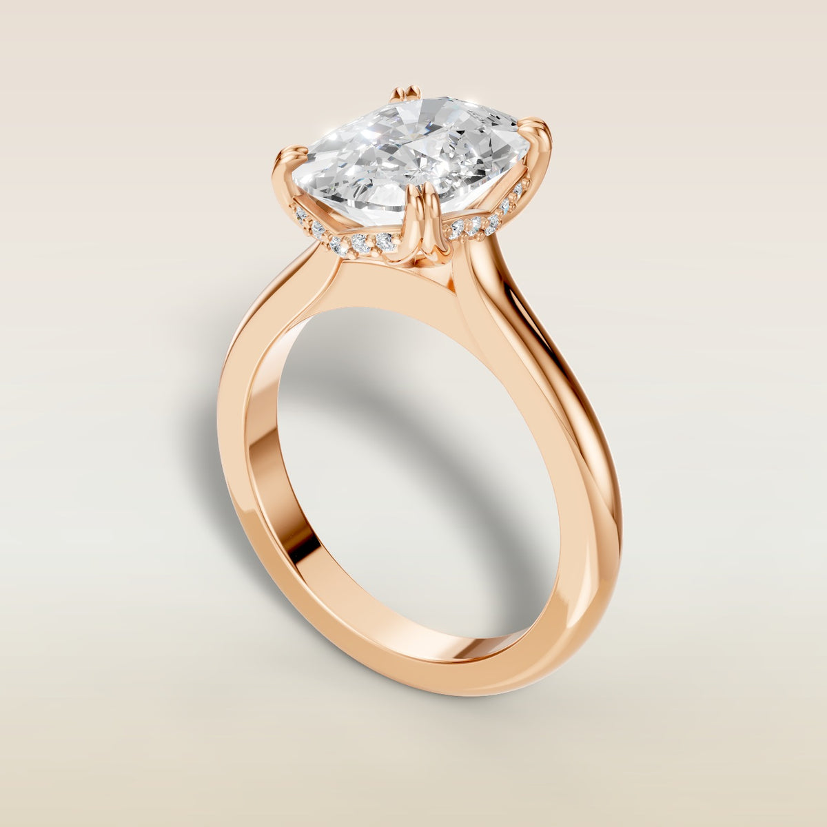 Cushion Tulip Curved Hidden Halo Double Prong engagement ring in rose gold, angled view
