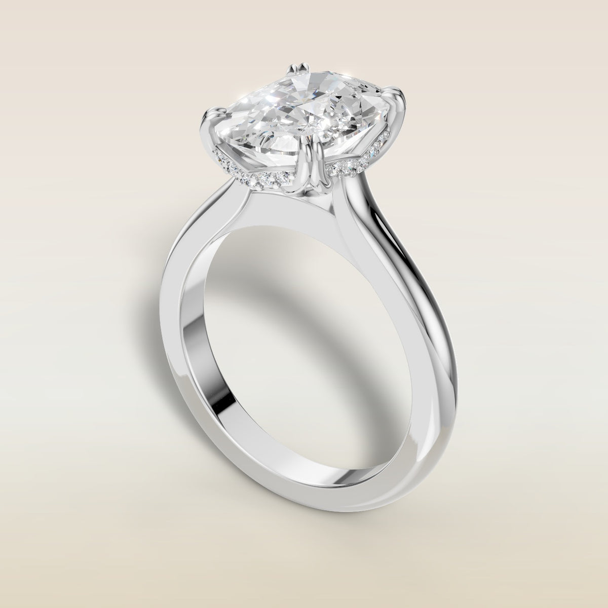 Cushion Tulip Curved Hidden Halo Double Prong engagement ring in white gold, angled view