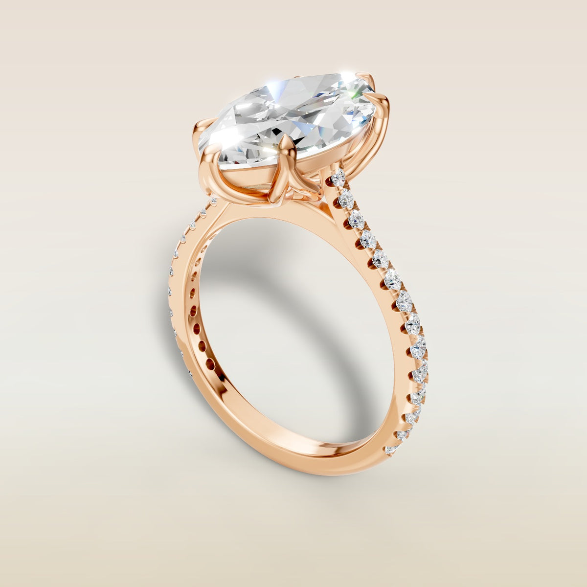 Marquise Tulip Classic Pave engagement ring in rose gold, angled view