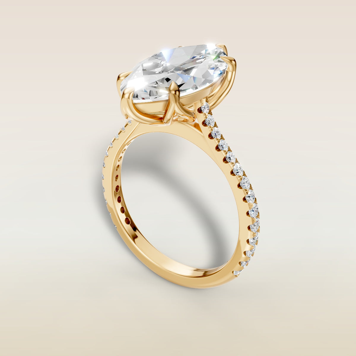 Marquise Tulip Classic Pave engagement ring in yellow gold, angled view