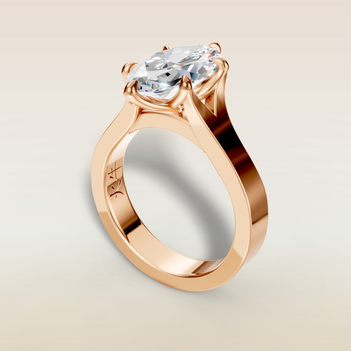 Marquise Tulip Thick Split Shank engagement ring in rose gold, angled view