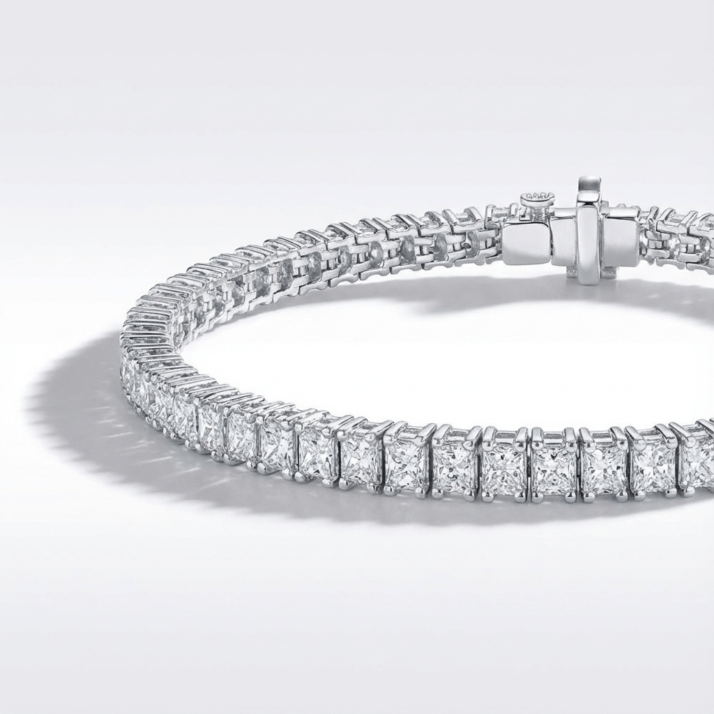 Lab grown diamond tennis bracelet with radiant cut diamonds in white gold