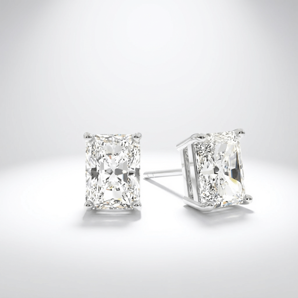 Lab grown diamond stud earrings with radiant cut diamonds in white gold