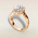 Oval Outer Halo Vintage Engraved engagement ring in rose gold, angled view